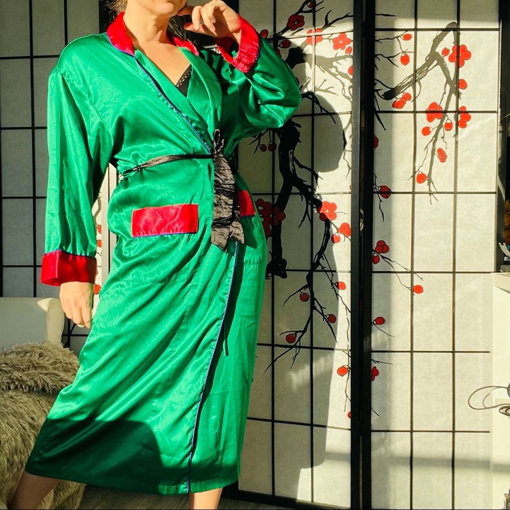 Vintage Victoria’s Secret Satin Colorblock Emerald Green Acid Pink Ribbed Robe